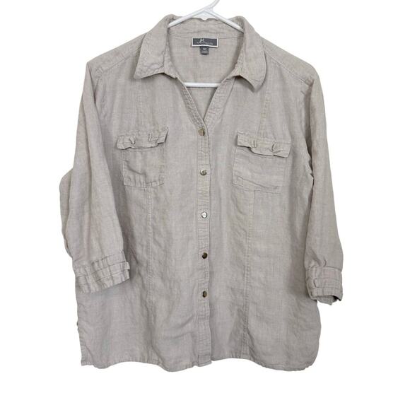 JM Collection Tan 100% Linen 3/4 Sleeve Top Button Down Size 16 Petite - Picture 1 of 7